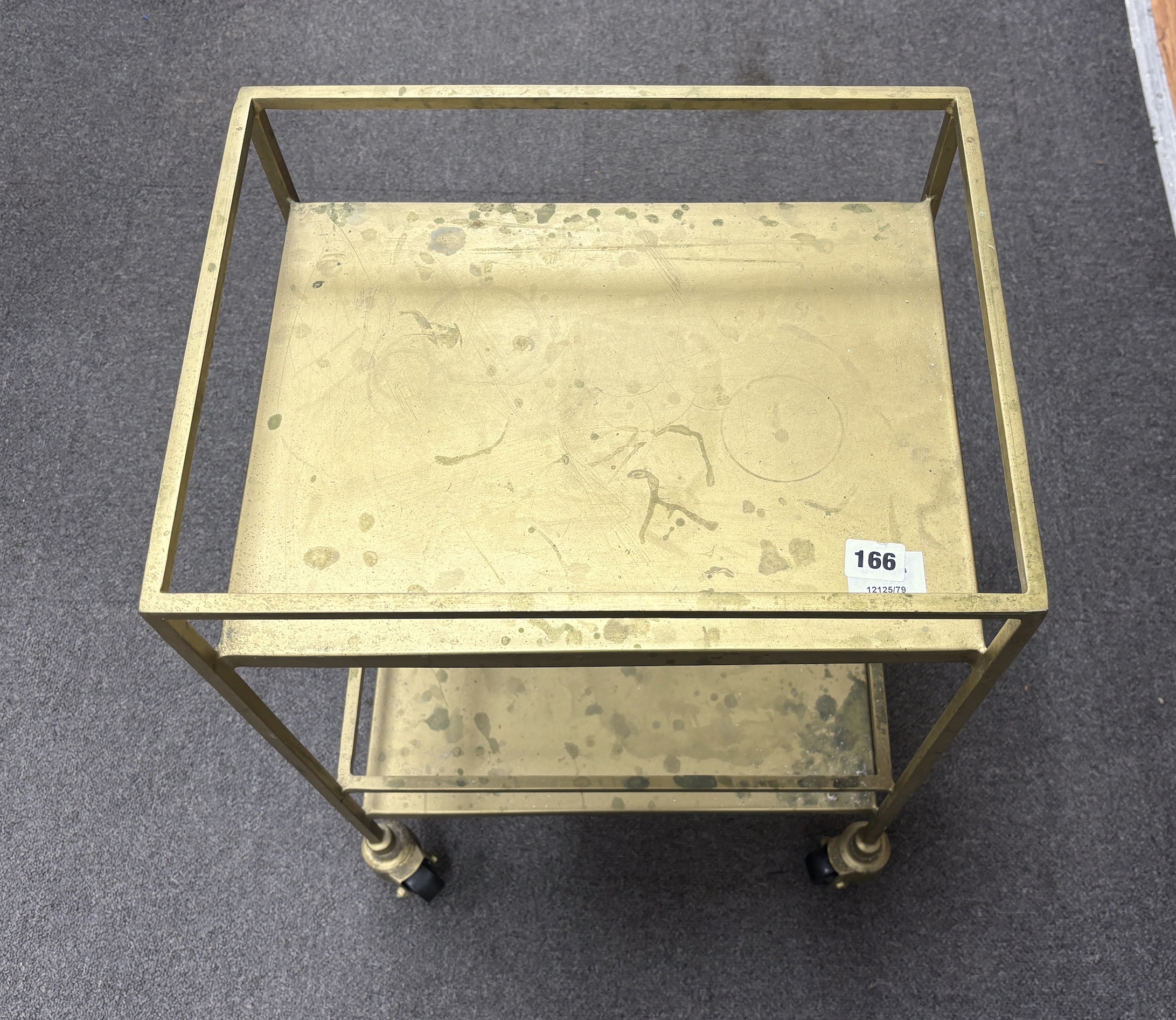 A mid century industrial style gilt metal two tier trolley, width 41cm, depth 31cm, height 62cm
